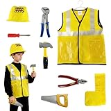 Mineup 8 pcs Kinder Baumeister Spielset, Bauarbeiter-Kostüm für Kinder, Kinderspielzeug Werkzeugset Kostüm Zubehör mit Spielwerkzeug für den Architektur Rollenspiel, Party, Karneval und Geburtstag