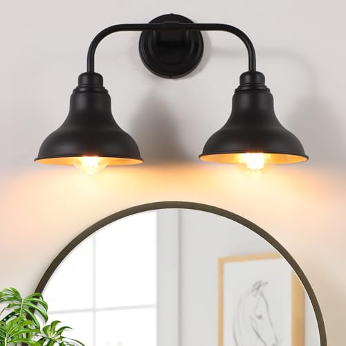 Image of 18-Inch 2-Light Farmhouse Bathroom Vanity Light Over Mirror, Black | Rustic industrial style, metal construction, 2 E26 sockets, 60W max each, dimmable, 7.08 in. shades, bathroom mirror, bedroom