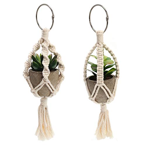 WIWAPLEX Mini Macrame Plant Hanger, 2 Pcs Plant Holder Car Charm, Handmade Car Rear View Hanging Planter Cotton Rope for Car Home Decorations, 4 Legs, 12 Inch
