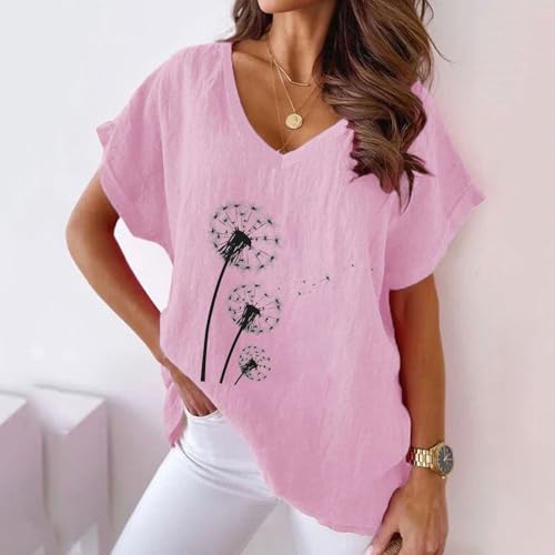 MaMiDay Camisetas femininas de linho com gola V para o verão, casual, folgada, estampada, dente-de-l
