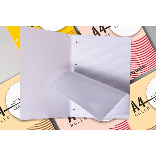 Image of amazon basics A4 Loose Leaf Report Pad | Ruled | Pre Punched for Easy Filing | Tear Off Sheets | Multi-Colored Cover | Pack of 3 (100 Sheets Each)