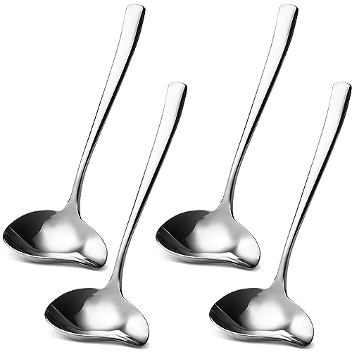 Mifoci 4 Pcs 7.3 Inch Stainless Steel Sauce Gravy Ladle Saucier Drizzle Spoon with Spout Sauce Spoon Small Ladles for Serving Chocolates Kitchen, Silver