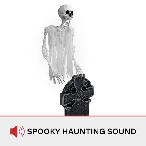 Haunted Hill Farm Motion Activated Floating Skeleton Ghost Over Tombstone by Tekky, Battery Operated Halloween Animatronic for Indoor or Covered Outdoor Creepy Halloween Decorations, Halloween Props