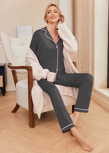 Image of Ekouaer Pajamas Women's Long Sleeve Sleepwear Soft Button Down Loungewear Pjs Lounge Set Nightwear XS-XXL