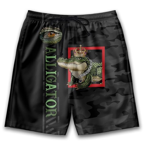 Alligator Mens Swim Trunks - Reptile Hawaiian Mens Shorts Casual - Summer Drawstring Beachwear Shorts PA59
