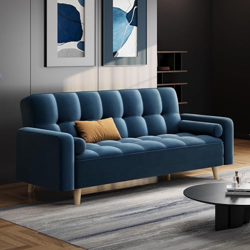 Yaheetech Modern Velvet Sofa Bed 3 Seater Click Clack Sofa Settee Recliner Couch with Wooden Legs for Living Room/Guest Room/Office Blue - Image 4