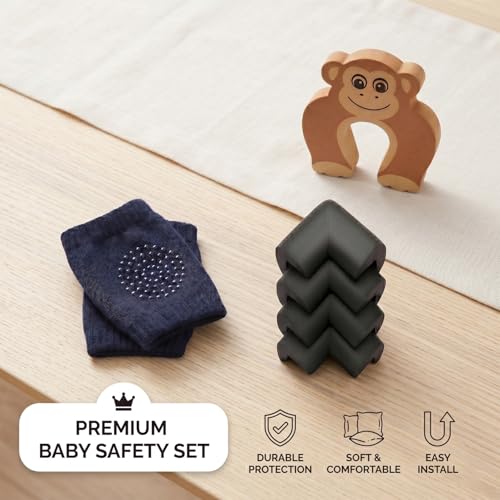 Image of Safe-O-Kid Crawling Protection Combo | 1 Pair Baby Knee Pads, 4 NBR Corner Guards & 1 Monkey Shaped Door Stopper | Baby Safety Kit for Crawling, Walking & Home Protection - Assorted