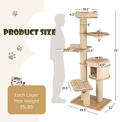 Image of Tangkula Modern Cat Tree, 6-Tier Multi-Level Cat Tower with Cat Condo, Hammocks & Hanging Basket, Tall Cat Tree with Sisal Posts, Washable Cushions, Natural 75''