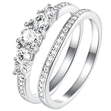 Hidden Gems Jewelry 925 Sterling Silver Cubic Zirconia Rings - 1.5 Ct Round Cut Engagement Rings Set, 2 Piece Set with Rhodium Plated AAAAA Stones - Bridal Anniversary Ring Set with Gift Box