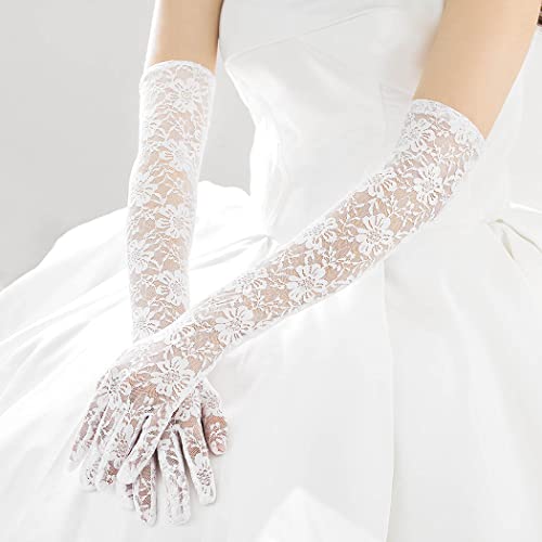 Campsis Floral Lace Gloves Long White Lace Gloves Wedding Opera Party 1920S Flapper Lace Glove For Dinner Parties thumb #2