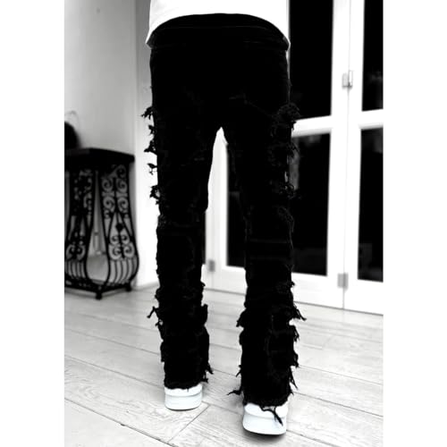 Men Stacked Jeans Skinny Black Ripped Patchwork Denim Pants2