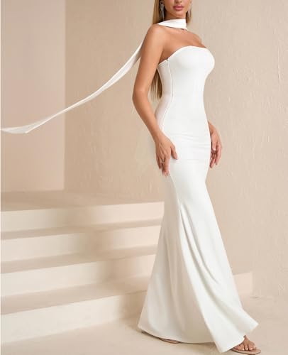 Image of Auraxe 2026 Women's Bodycon Formal Maxi Dresses Elegant Tube Summer Wedding Guest Cocktail Party Dress with Scarf