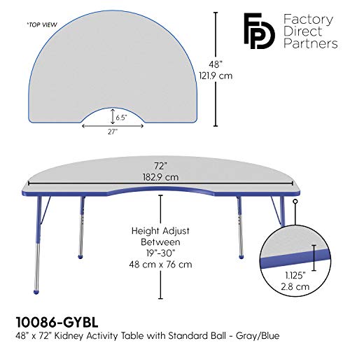 Image of FDP Kidney Activity School and Office Table (48 x 72 inch), Standard Legs with Ball Glides for Collaborative Seating Environments, Adjustable Height 19-30 inches - Gray Top and Blue Edge