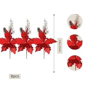 8 PCS Festive Red Poinsettia Flower Pick: Artificial Christmas Florals with Glitter Highlights - Versatile Decor Accents for DIY, Wreaths, Christmas, Holiday Parties & Home Decor 8 PCS Festive Red Poinsettia Flower Pick Artificial Christmas Florals with Glitter Highlights Versatile Decor Accents for DIY Wreaths Christmas Holiday Parties Home Decor