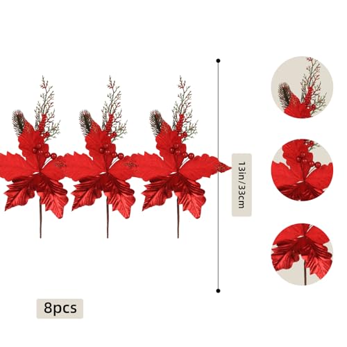 8-PCS-Festive-Red-Poinsettia-Flower-Pick-Artificial-Christmas-Florals-with-Glitter-Highlights-Versatile-Decor-Accents-for-DIY-Wreaths-Christmas-Holiday-Parties-Home-Decor 8 PCS Festive Red Poinsettia Flower Pick Artificial Christmas Florals with Glitter Highlights Versatile Decor Accents for DIY Wreaths Christmas Holiday Parties Home Decor