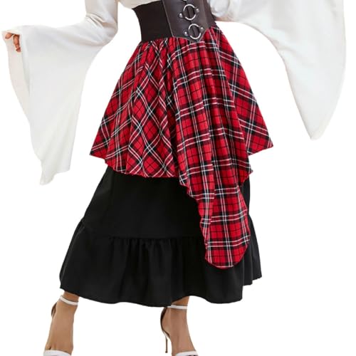 Womens Long Plaid Skirts High Waisted A Line Renaissance Maxi Skirt Halloween Vintage Layered Pirate Skirts2