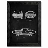 Framed Canvas Wall Art Vintage 1960s Muscle Car Blueprint White Technical Line Art Canvas Print Poster Black Frame Wall Decor for Office Man Cave Automotive Art, Industrial Decor - 24x36 Inch