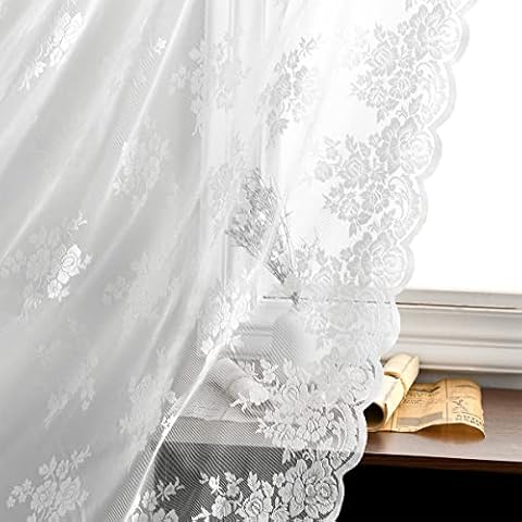 Kotile Lace Curtains 108 Inch Length, Country Floral Lace Curtains for Living Room, Scalloped Lace Sheer Curtains, Rod Pocket White Lace Curtains, Privacy Lace Window Curtains, 52 x 108 Inch, 2 Panels Cover