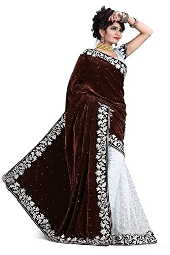 Image of Women's Velvet and Brasso Half-Half Saree with Blouse Piece