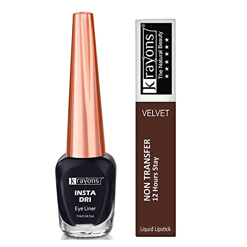Image of Krayons Insta Dri Sparkling Eyeliner, Black, 7ml And Power Stay Nontransfer 12hrs Stay Matte Liquid Lipstick, Caramel, 4ml