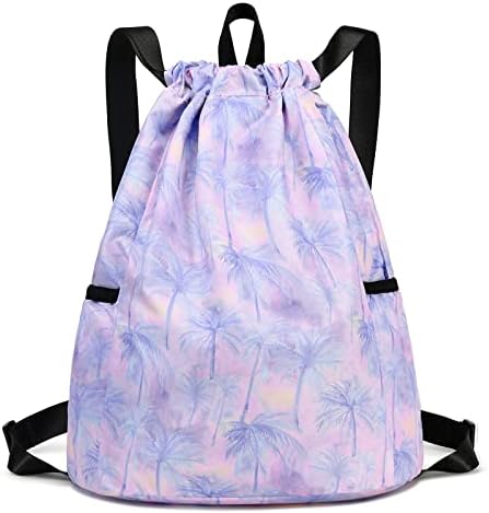 Drawstring Backpack for Girls Women Lgihtweight Large Travel Bags Sport String Bag Sackpack for Gym Shopping Yoga Bag Coconut Tree Pink