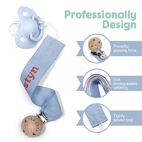 TYRY.HU Personalized Pacifier Clip with Name, Embroidery Webbing Pacifier Holder for Baby Girls and Boys, Neutral Binky Clips Universally Fit All Pacifiers & Baby Toys, Baby Gift, 2 Pack(Blue, Green)