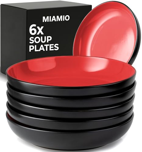 MIAMIO – 900 ml / 22 cm Set of 6 Pasta Bowls/Salad Bowls, Pasta Plates Wide and Shallow Bowl, Large Ceramic Stoneware Deep Plate Serving Soup - Le Papillon Collection (Red)