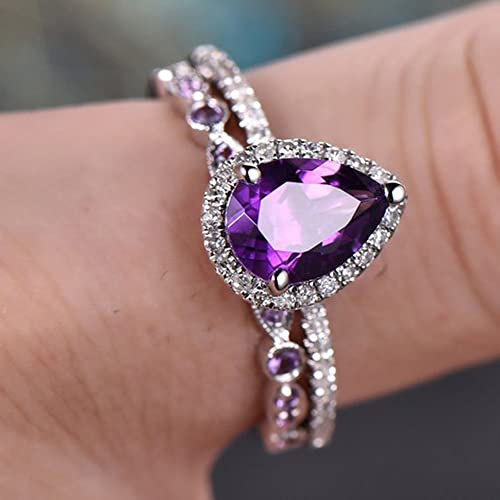 2pcs Womens Purple CZ Crystal Engagement Rings 925 Sterling Silver Shining Amethyst Ring Teardrop Shape Cubic Zirconia Promise Rings Set(8)3