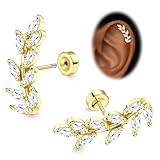 JeryWe Cartilage Earrings for Women Hypoallergenic Flat Back Earrings Surgical Steel for Sensitive Ears Flatback Stud Earring Helix Conch Tragus Daith Piercing Jewelry 16G 14K Gold Filled Leaf
