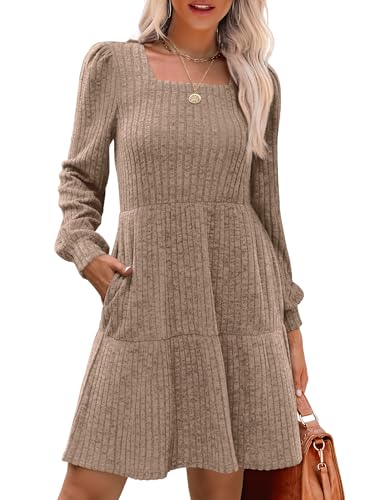 Image of Sampeel Womens Square Neck Long Sleeve Fall Dresses Casual Babydoll Sweater Dress