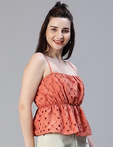 Image of oxolloxo Women Schiffli Elsaticated Shoulder Strap Cotton Top