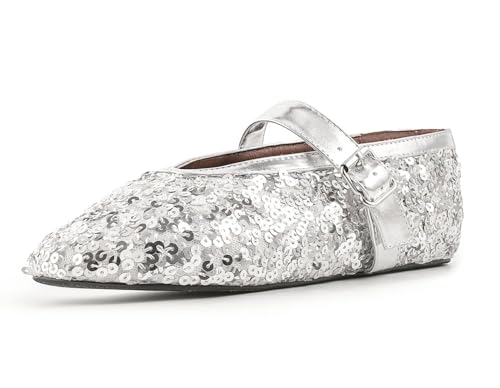 Women's Silver Glitter Sequin Ballet Flats Closed Toe Mary Jame Flats Strap Buckle Stage Performance Shoes
