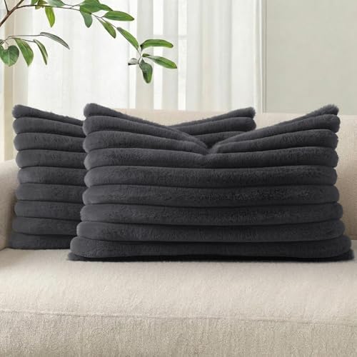 Image of Pallene Faux Fur Plush Lumbar Throw Pillow Covers 12x20 Set of 2, Luxury Soft Fluffy Striped Decorative Pillow Covers for Sofa, Couch, Living Room, Dark Grey