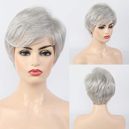 EMMOR Short Silver Grey Human Hair Wigs for Women Blend with Healthy Kanekalon Fiber Pixie Cut Wig,Natural Daily Use Hair (Color 101#)