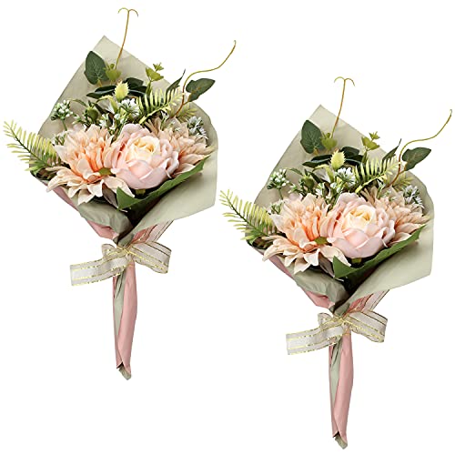 2 confezioni di fiori artificiali avvolti in bouquet di fiori finti di rosa crisantemi, decorazione per matrimoni, composizioni di fiori in seta, centrotavola per la decorazione della casa