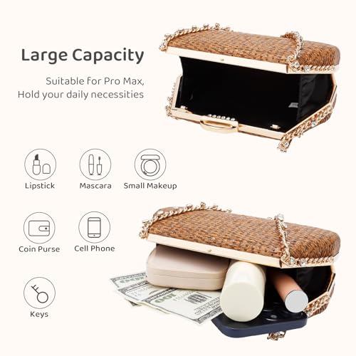 Image of Comeon Straw Clutch Bags for Women Evening Handbag with Rhinestone Handle Hand-Woven Summer Beach Bag Party Formal Purse