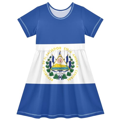 Aflyko Girls Dress Flag of El Salvador Summer Party Dance Short Sleeeve Comfortable Fit Stretchy Dresses Beach Holiday Vacation Casual Fun Dress 7-8T Multicoloured