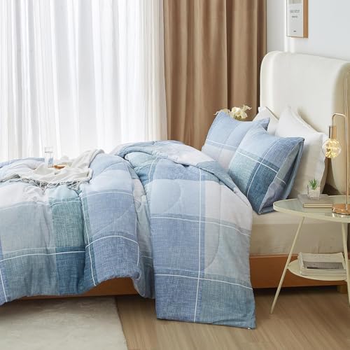 Image of LifeTB Blue Checkered Comforter King Comforter Set Geometric Checkered Plaid Bedding Comforter for Men Boys Fluffy Soft Lightweight Bedding Boho Plaid Comforter Set for All Seasons King Size