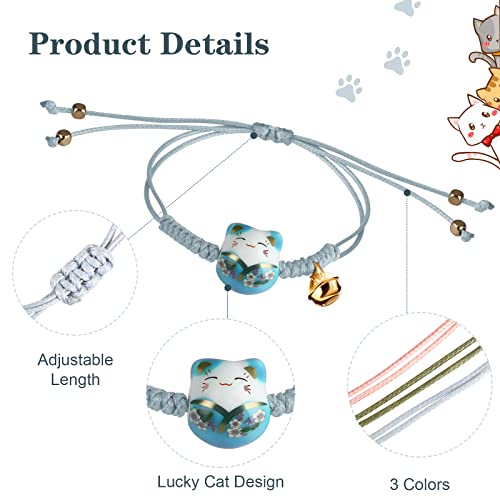 Sureio 3 Pieces Cat Maneki Neko Bracelet Cute Lucky Cat Ceramic Beads Bracelet Lucky Japanese Fortune String Hand Chain with Bell, Adjustable3