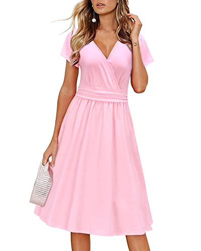 Image of Newshows Womens Summer Short Sleeve Casual Dresses V Neck Floral Vacation Sundress Faux Wrap Midi Dress with Pockets