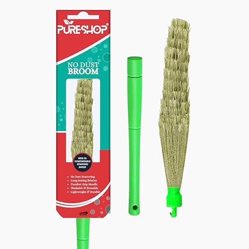 PURESHOP No Dust Broom XL Size Indian Style Jhadu Washable Fiber Comfort Grip Handle Long-Lasting Bristles for Home Floor Cleaning