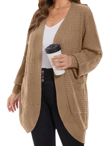 Image of MONNURO Womens Plus Size Open Front Cardigan Waffle Knit Long Sleeve Sweaters Tops Fall Coat Outerwear with Pockets