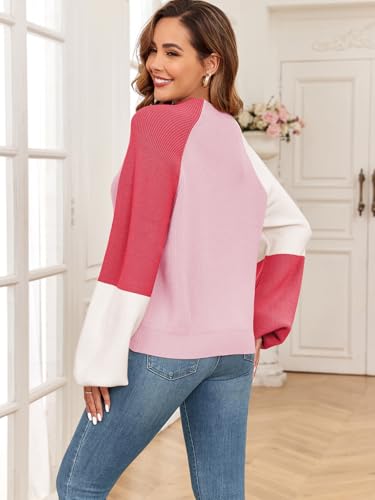 Image of Upopby Women's Fall Winter Color Block Sweaters for Women Trendy Turtleneck Lantern Sleeve Knitted Sweater Jumper Tops