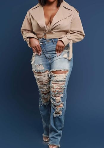 LETSVDO Women's Skinny Ripped Jeans High Waisted Straight Leg Distressed Raw Asymmetrical Strechy Denim Pants3