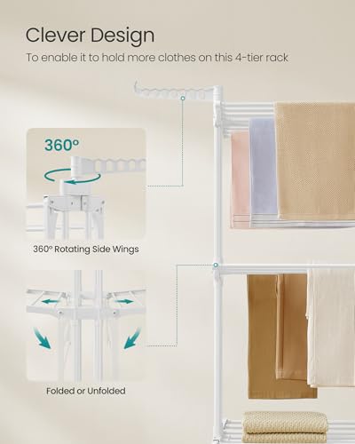 Image of SONGMICS Clothes Drying Rack Stand 4-Tier, Foldable Laundry Drying Rack 68.1-Inch Tall, Stainless Steel, Rolling Clothes Horses Dryer Rack, Easy to Assemble, Indoor Outdoor Use, Cloud White ULLR701W03 | Indoor Outdoor Use, Rolling Clothes Horses Dryer Rack, Cloud White ULLR701W03