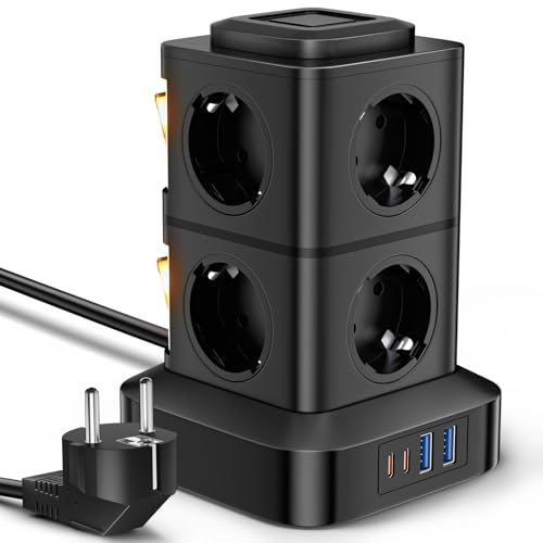 AOKBON Regleta Torre 12 en 1 con Protección Sobretensiones, 8 Enchufes AC y 2 USBC y 2 USBA Torre de Enchufes Vertical con 2 Interruptores 2500W/10A, Cable de 3 Metros para Hogar Oficina y Escritorio