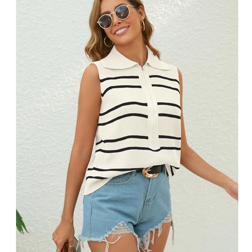 Vest Tops for Women Striped Sweater Zip Up V Neck Cap Sleeve Tops Crochet Cropped Casual Pullover Tank Top4