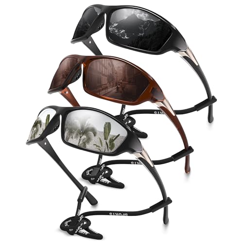 3 Pack Polarized Sports Sunglasses for Men, Mens Sunglasses Wrap Around UV Protection for Cycling Fishing Driving C01-gray/Coffee/White