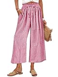 ANRABESS Womens Striped Gingham Palazzo Capri Pants Pajama Wide Leg Lounge Trousers Plaid Cute Crop PJ Bottoms with Pockets Red White Plaid Large