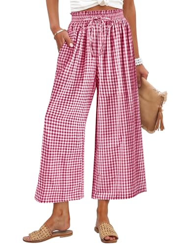 ANRABESS Womens Striped Gingham Palazzo Capri Pants Pajama Wide Leg Lounge Trousers Plaid Cute Crop PJ Bottoms with Pockets Red White Plaid Large